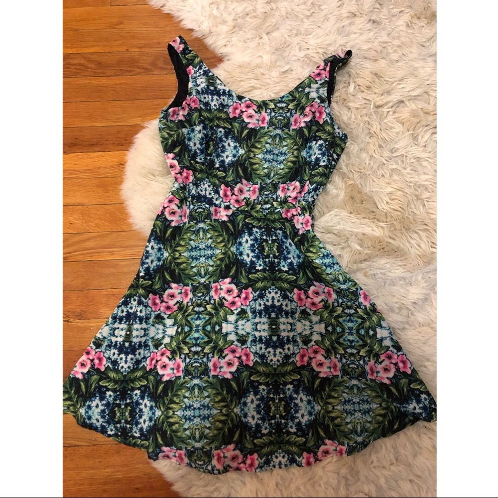 Hawaii A line mini print dress green pink XS